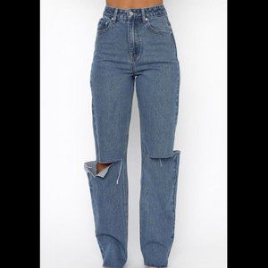 medium/dark wash high waisted straight leg jeans